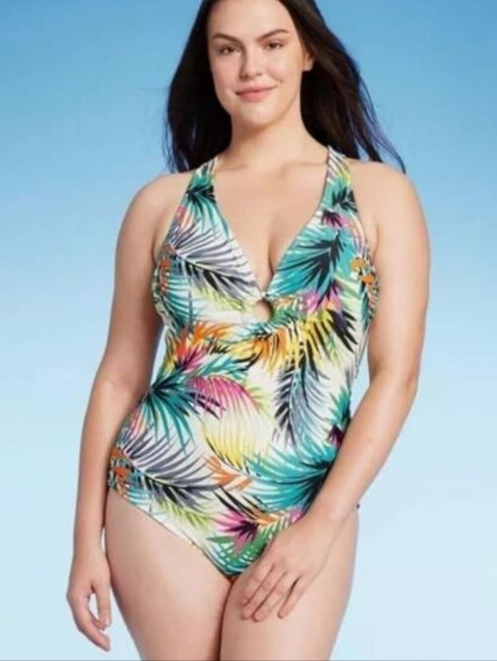 SHADE & SHORE TROPICAL PRINT PLUNGE RING DETAIL ONE PIECE SWIMSUIT - XL - NWT